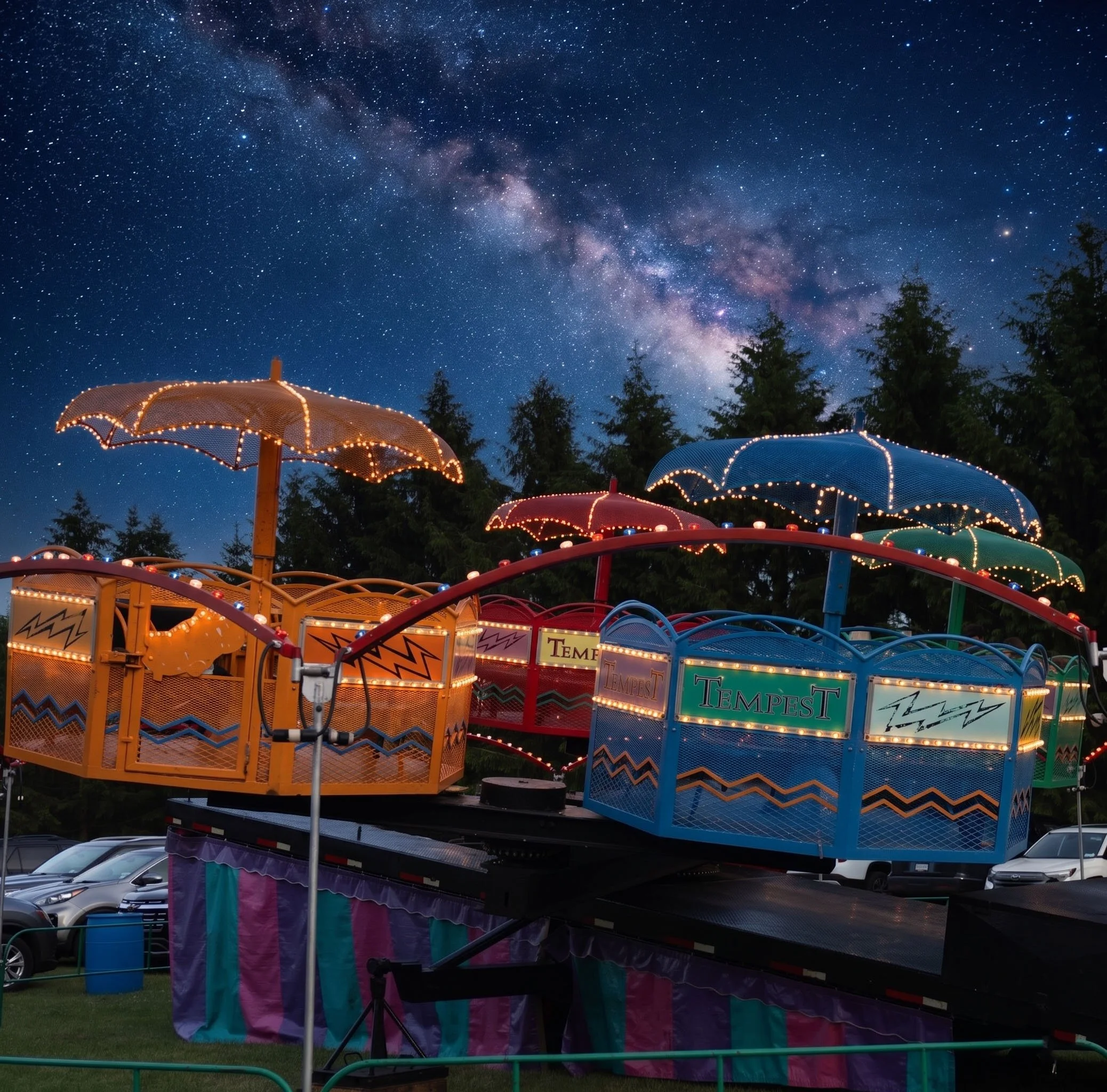 Night sky filled with stars and the Milky Way galaxy. In the foreground, colorful carnival or amusement park ride with umbrellas and decorative lights.