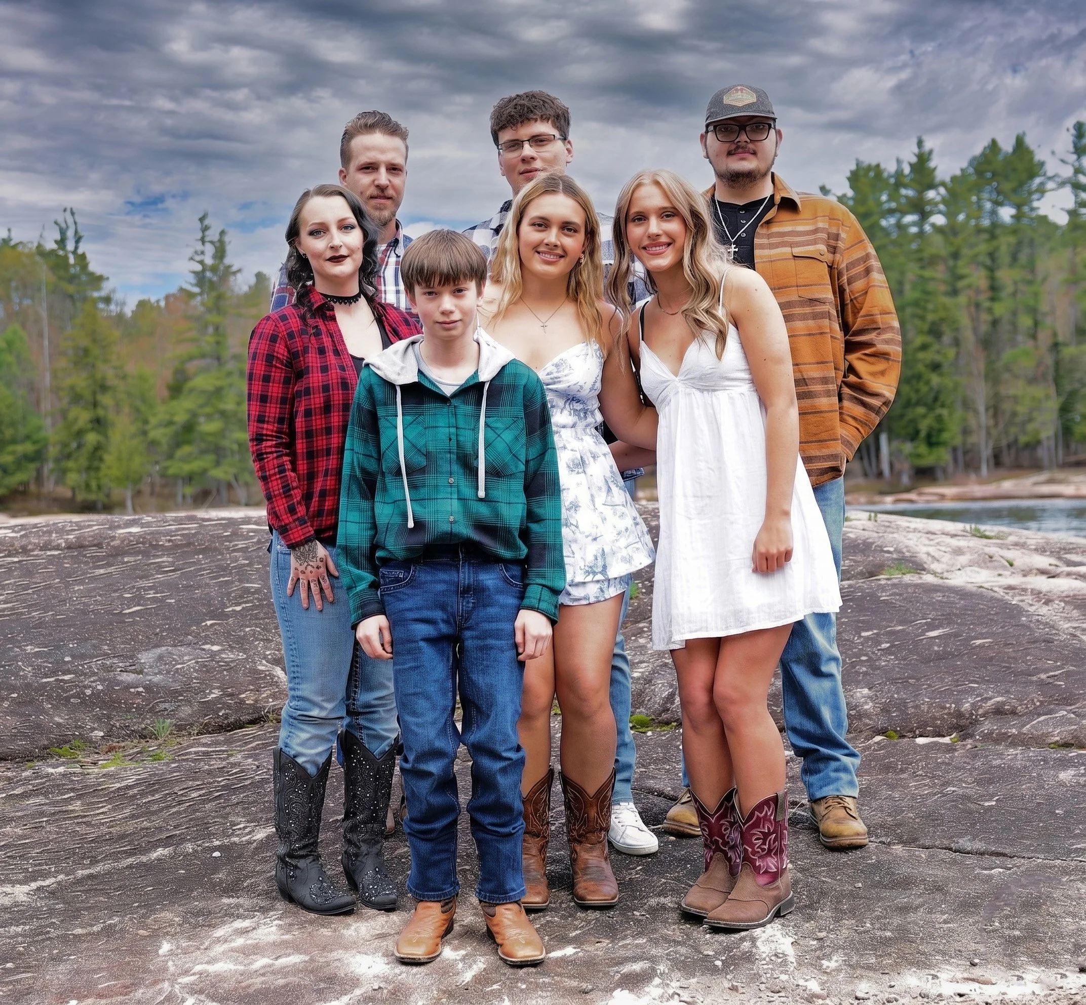 Group of seven young adults standing outdoors on a cloudy day, wearing casual and western-style clothing, with trees and cloudy sky in the background.
