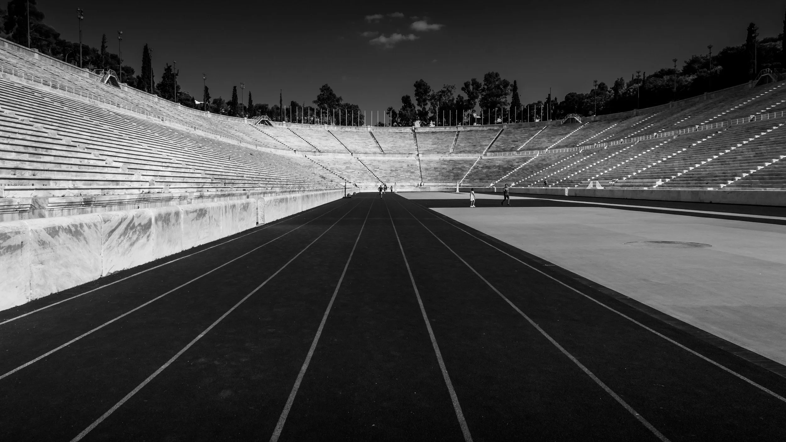 Black and white image of track stadium