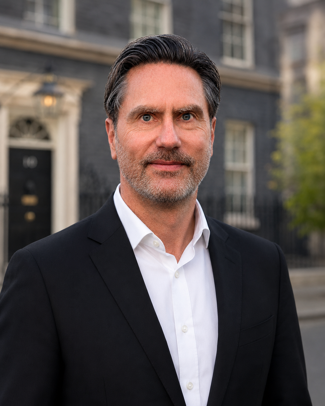 A middle-aged man with gray hair and beard wearing a black suit and white shirt standing outdoors in front of a dark house with white trim and windows.