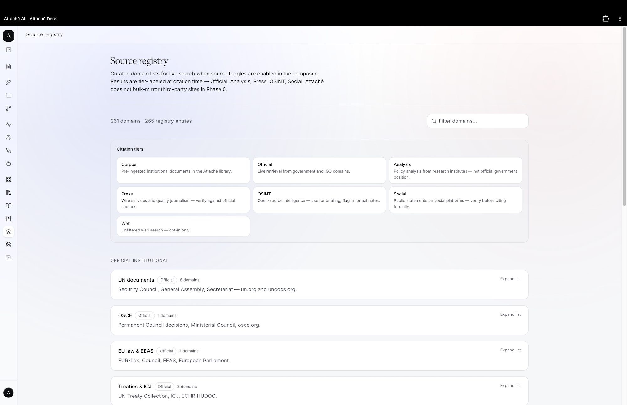 A webpage with the title 'Source registry' displaying a list of accredited domains for live search, organized by citation tiers such as Corpus, Official, Analysis, Press, OSINT, Social, and Web. The page includes descriptions of each tier and sections on UN documents, OSCE, EU law & EEAS, Treaties & ICJ, and NATO.