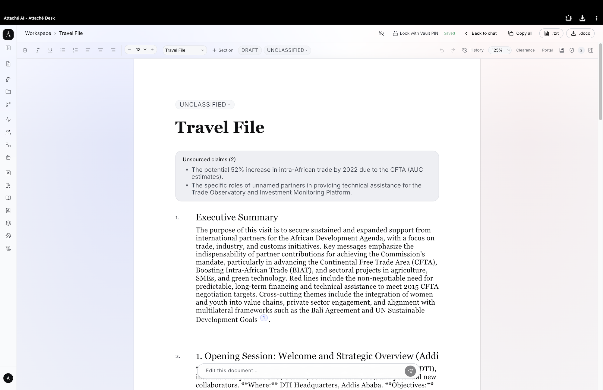 Screenshot of a digital document titled "Briefing Note" containing text about EU Council conclusions, sovereignty, territorial integrity, and international law, with a side panel showing review comments and suggestions.