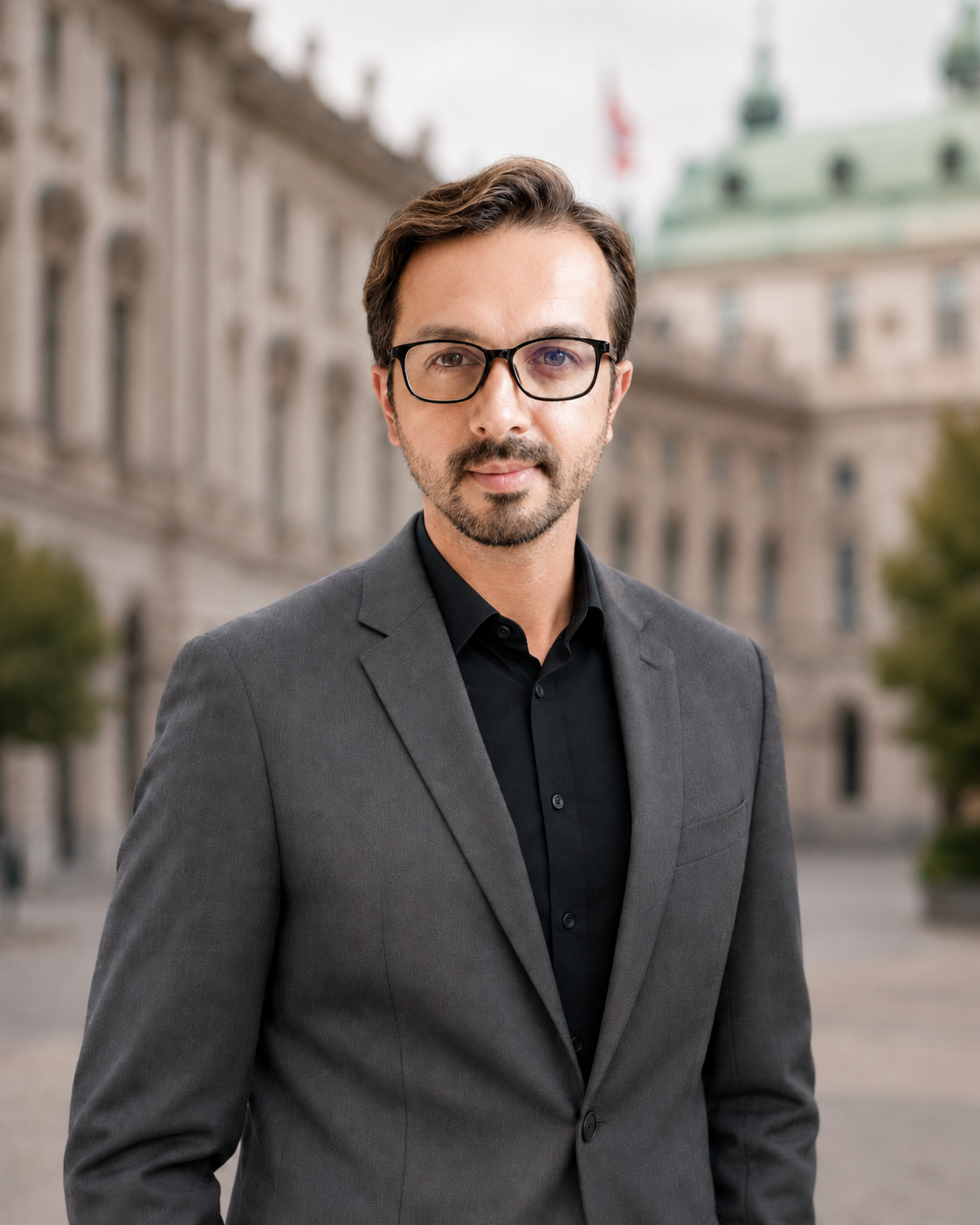 A man in a gray suit and black shirt standing outdoors in front of a historic building with trees around.
