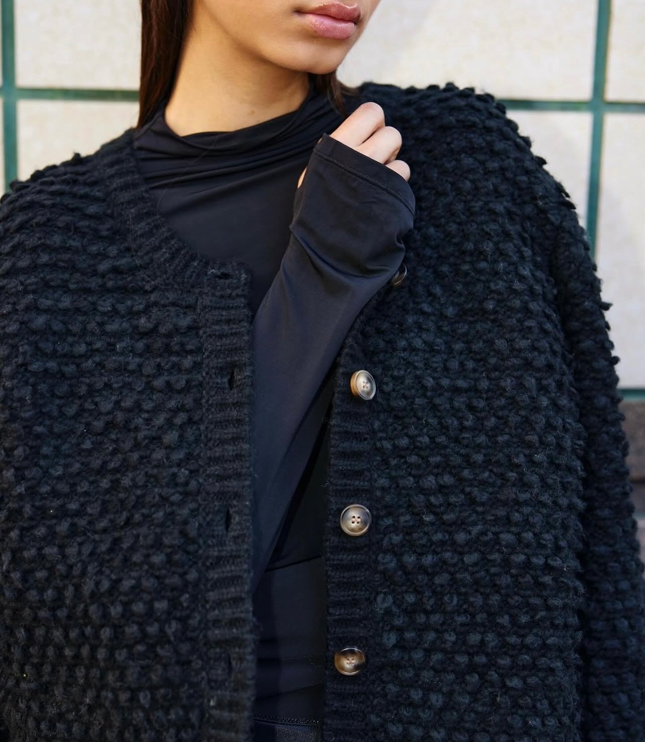 KINNEY | Cassidy Cardi, created in beautiful textured wool boucle. Cozy and cool! Just landed 🤍🖤