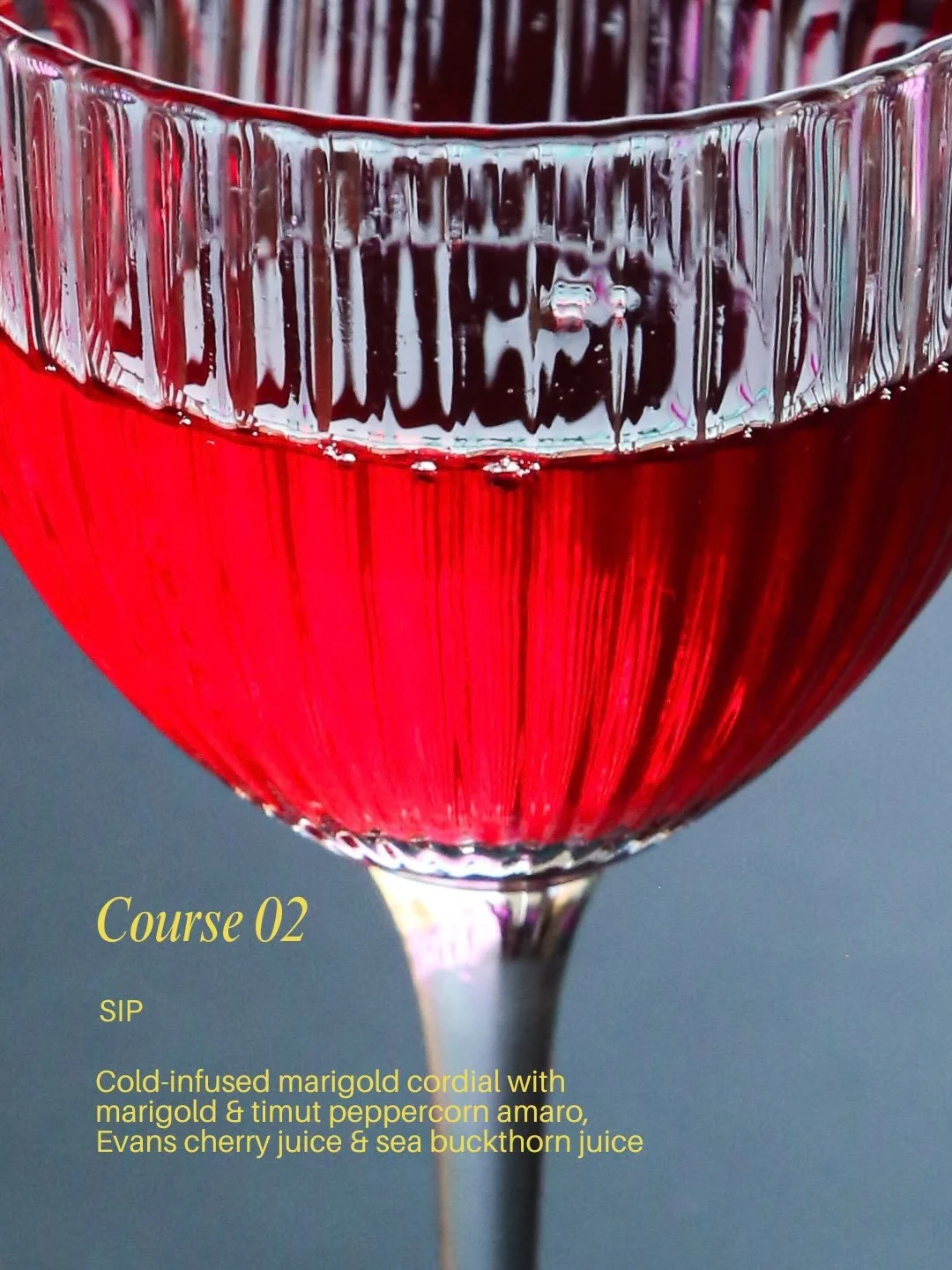 Course 2 of our terroir series: Sour and floral, fruity with a musky spice, marigolds are the foundation of this sip, with hand-processed Evans cherry and sea buckthorn filling in the middle and top notes. Once mixed, the batch is then freeze-clarifi