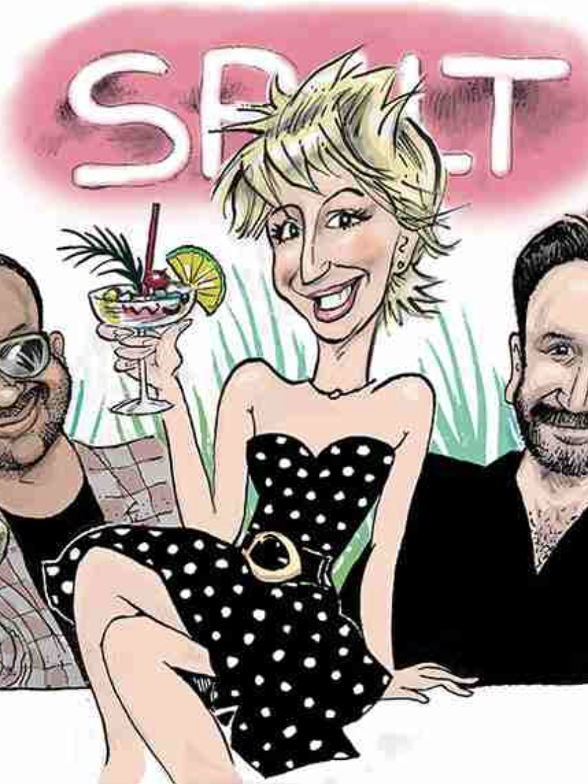 Caricature of three people, a woman (JoAnne Pearce) in the center wearing a black polka dot dress holding a cocktail, with two men (Keenan Pascal and Andrew Paul) on either side, against a pink background with the word 'SPILT' partially visible.