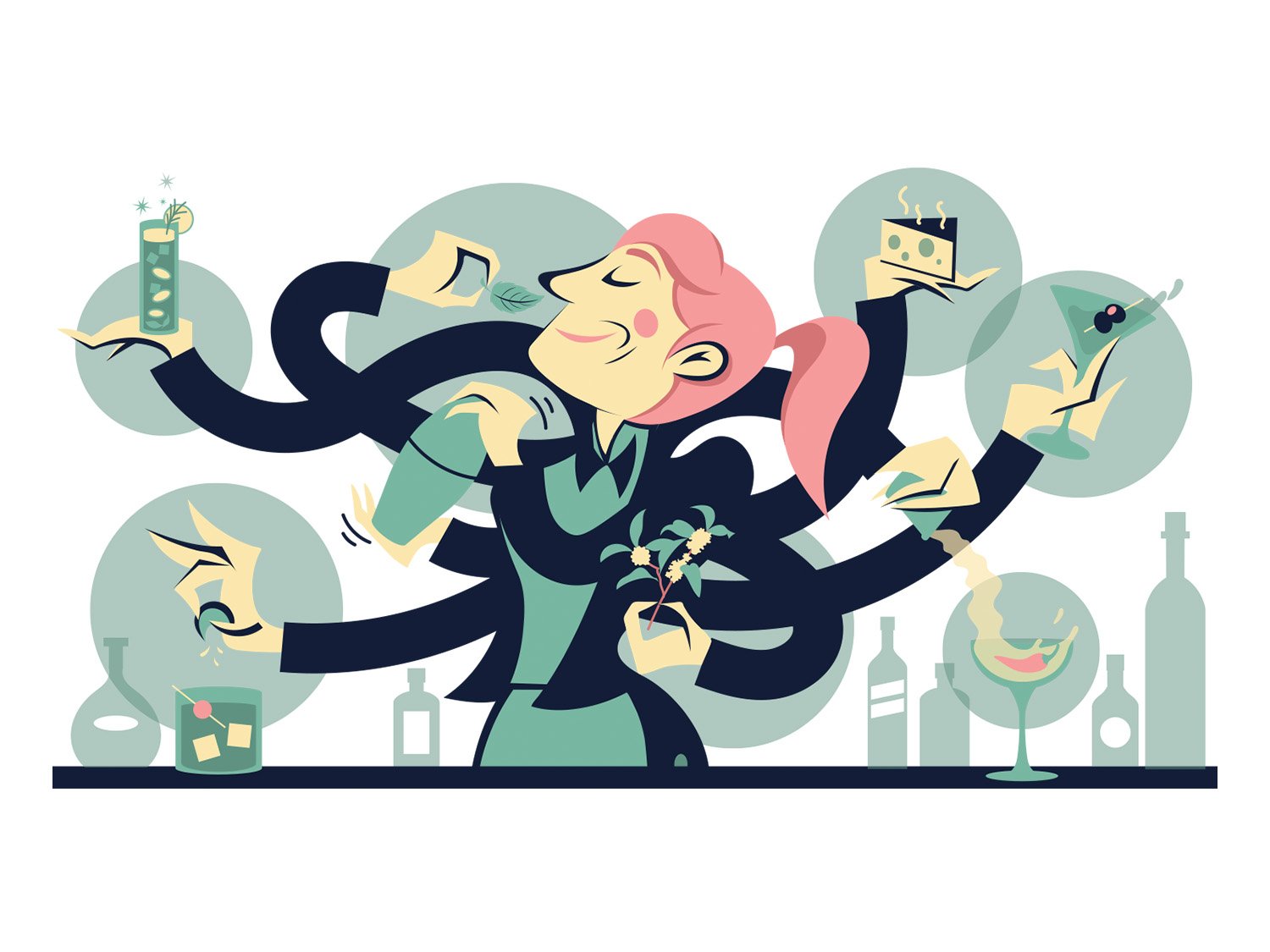 Illustration by Nick Ross of a woman with pink hair surrounded by multiple arms holding drinks, utensils, and plants, indicating multitasking in social or party settings.