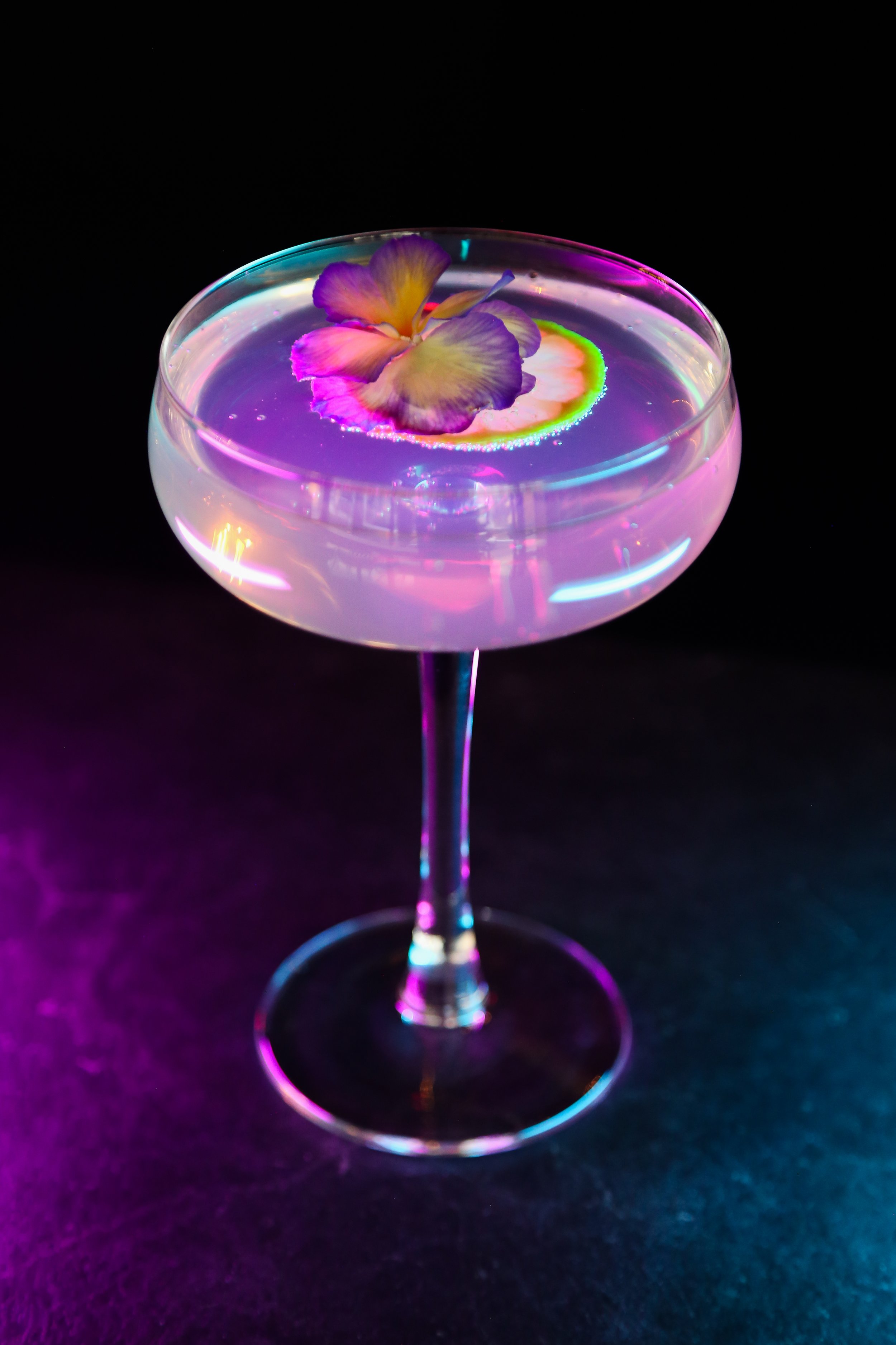A cocktail glass filled with a clear liquid, decorated with a colorful edible flower and a slice of citrus fruit, illuminated by multicolored neon lights with a dark background.