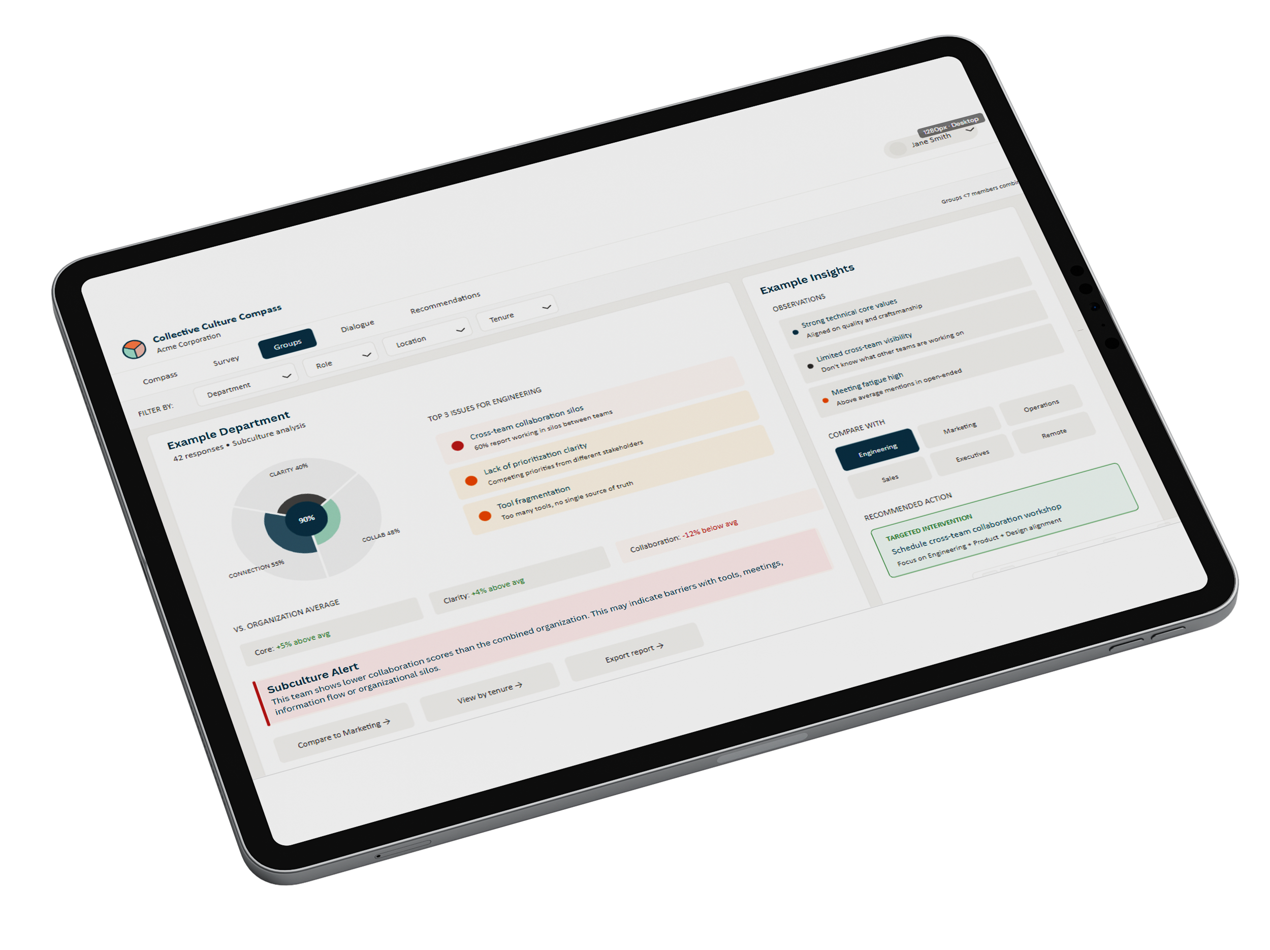 Tablet displaying a Collective Culture Compass organizational culture analytics dashboard with department survey charts, insights, and recommendations.