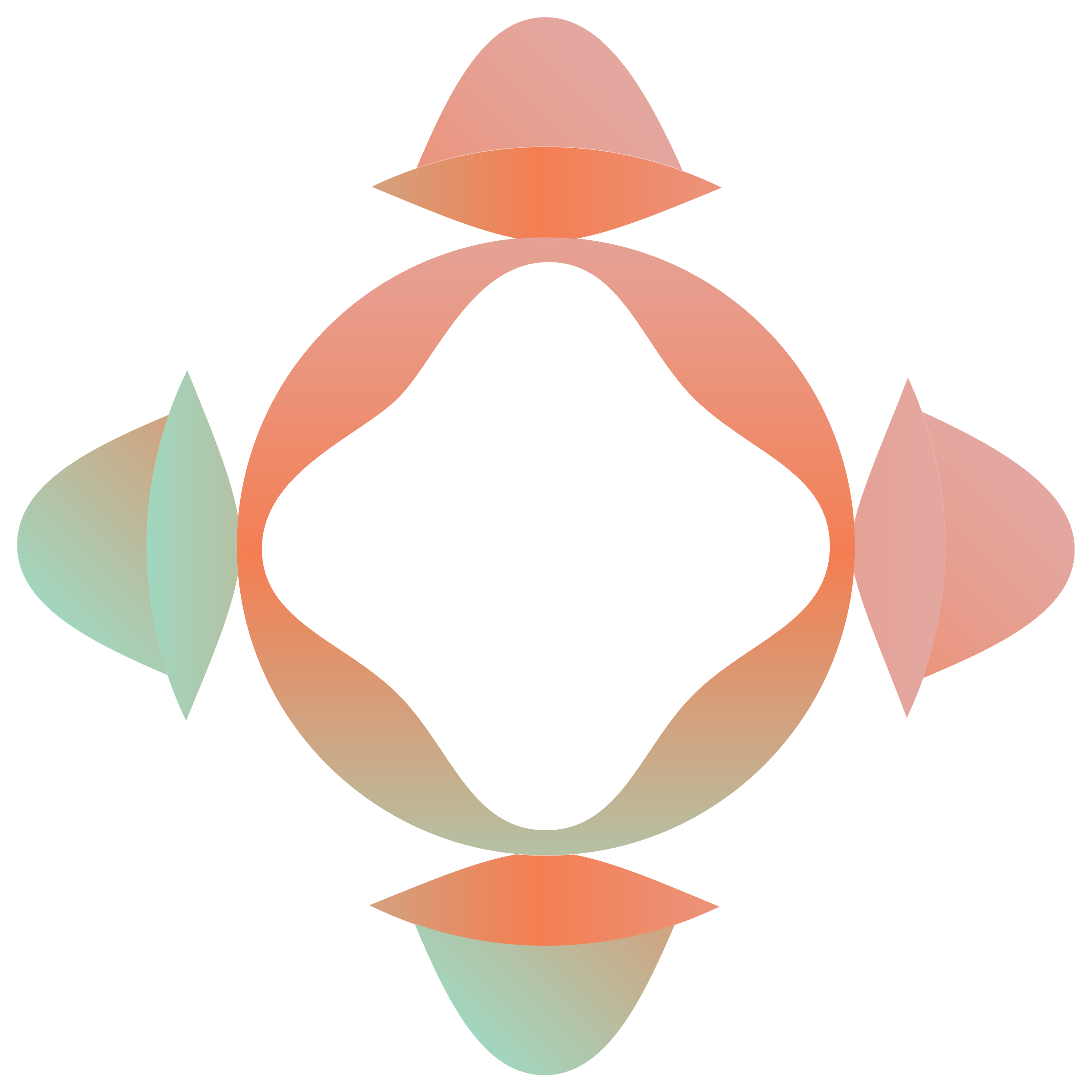 Abstract geometric floral design with overlapping pastel orange, pink, green, and beige shapes on a white background