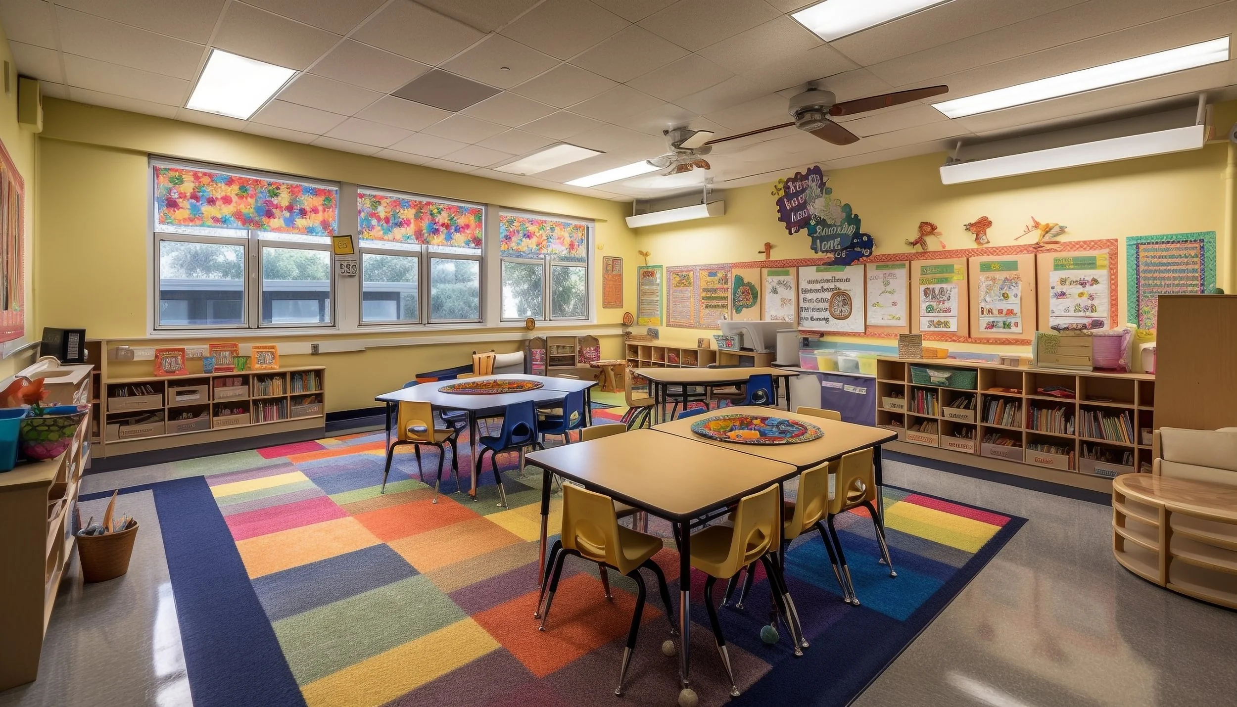 A colorful classroom with yellow walls, windows with floral curtains, and vibrant rainbow carpet. There are tables, chairs, bookshelves, and educational posters on the walls.