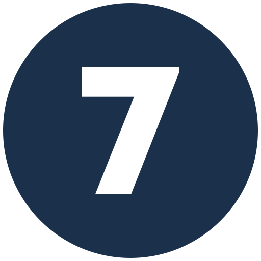 A dark blue circular background with a large black number 7 in the center.