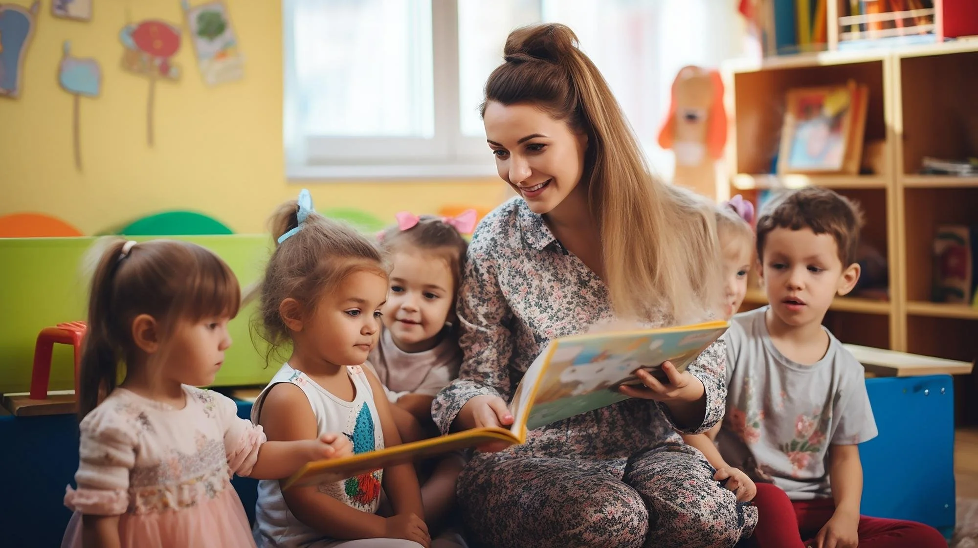 A woman reading a storybook to a group of young children in a colorful classroom.