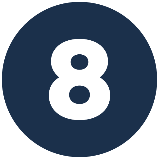 Number 8 inside a dark blue circle.