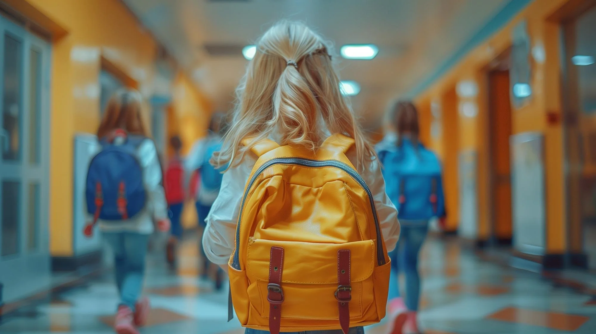 A girl with blonde hair tied back, standing in a school hallway, wearing a yellow backpack and a white jacket, facing away from the camera. Other students are walking in the corridor, which has colorful yellow and blue walls.