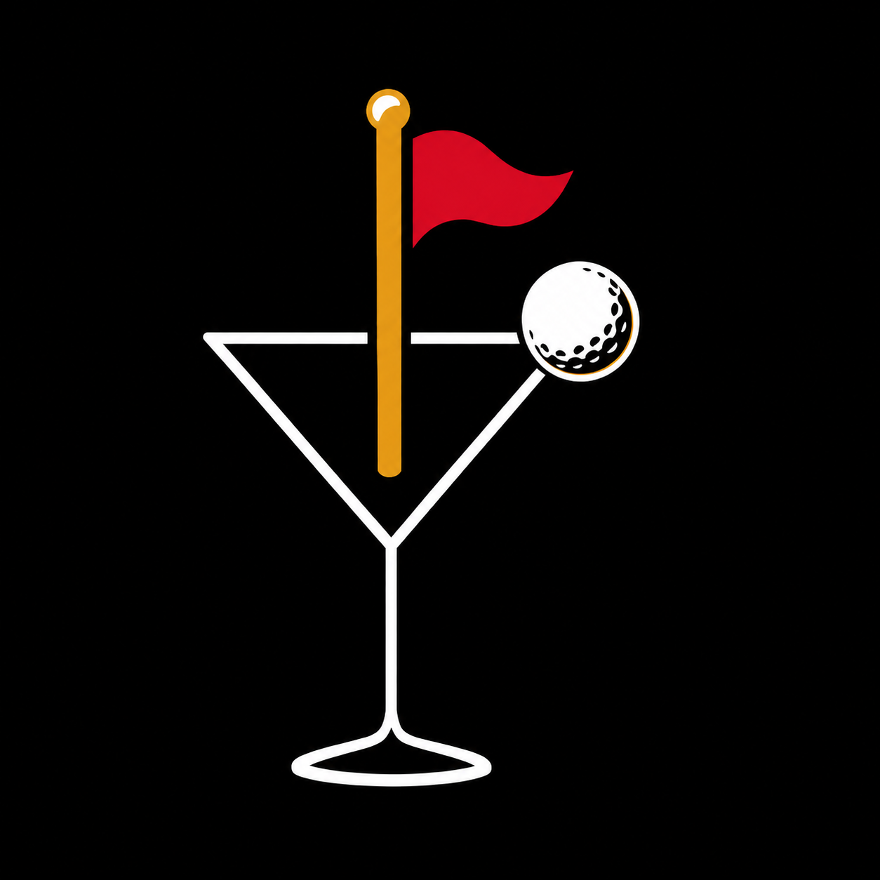 Second Logo for 'BIRDIE BARTENDER' Illustration of a martini glass with a small golf ball, a red flag on a pole, and a white horizontal line in the background on a black background.