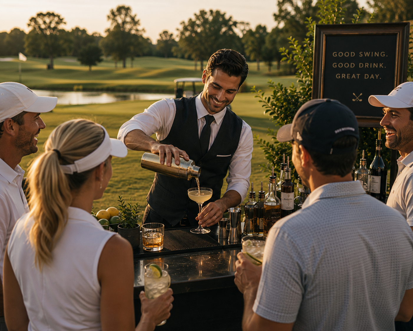 A bartender is making cocktails for a group of five people at a golf course outdoor bar during sunset. The group is enjoying drinks and smiling.