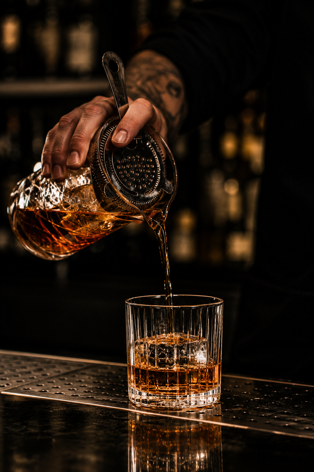 A bartender pours a drink with ice into a glass, using a strainer, in a dimly lit bar.
