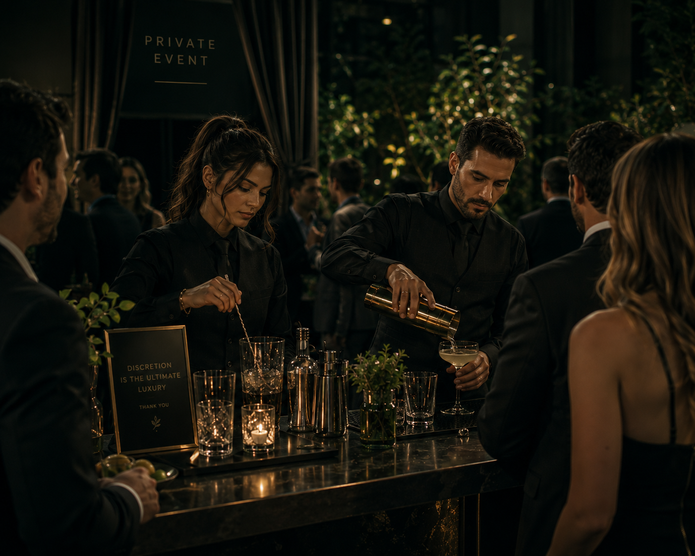 People at a bar with a sign that reads 'Private Event,' as a bartender pours a cocktail and others wait in line. The scene is dark and elegant.
