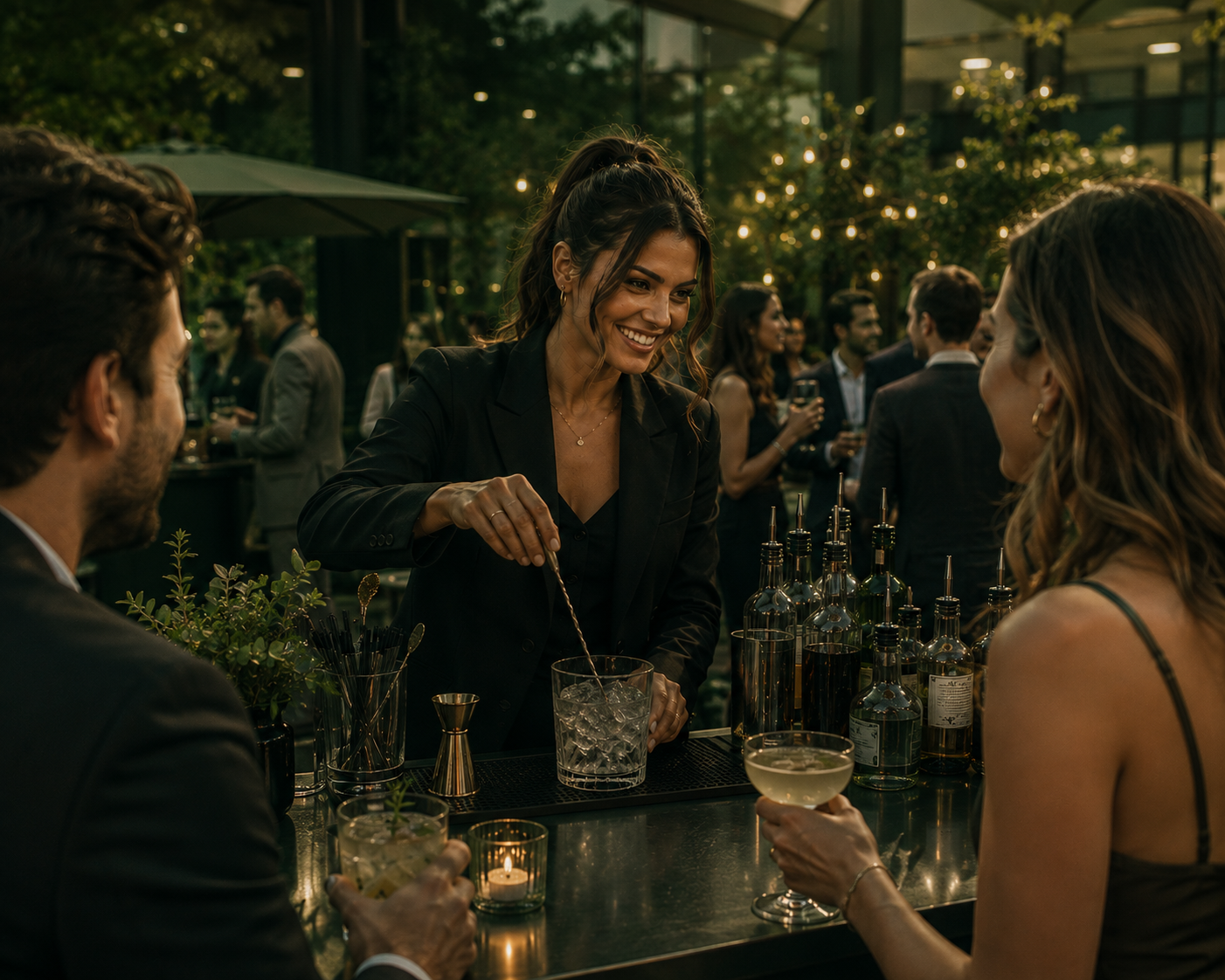 A woman cocktail bartender serving drinks to a woman at a bar during an outdoor event at dusk.
