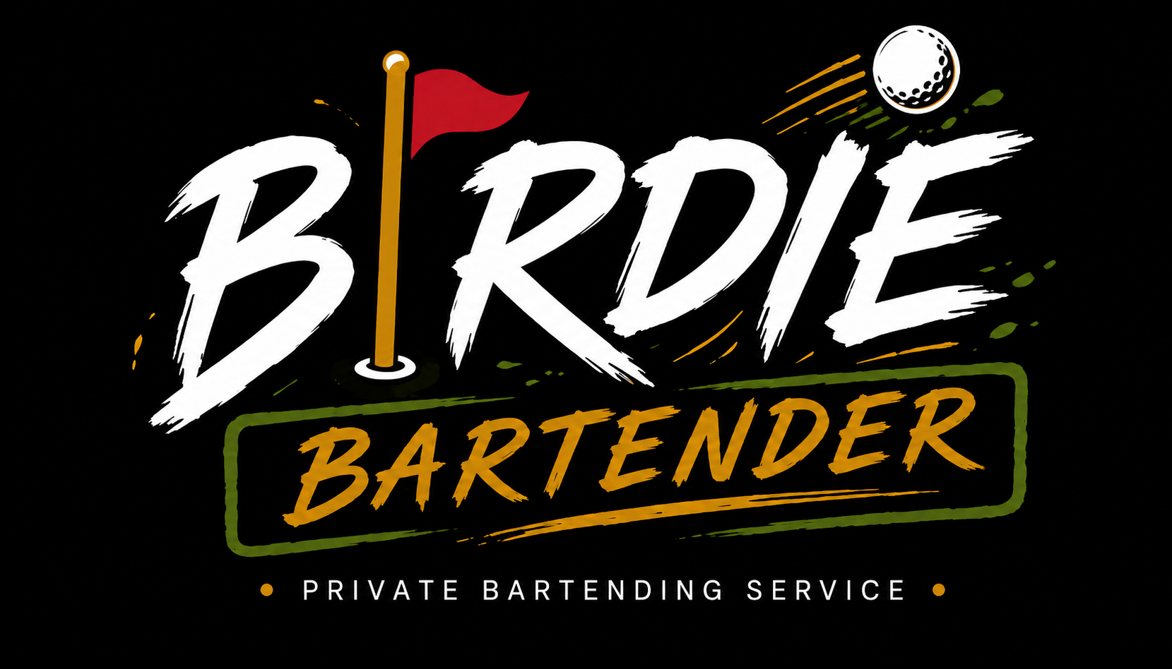 Logo for 'BIRDIE BARTENDER' with a red flag on a yellow pole and a white golf ball hitting streaks, featuring the text 'PRIVATE BARTENDING SERVICE'.