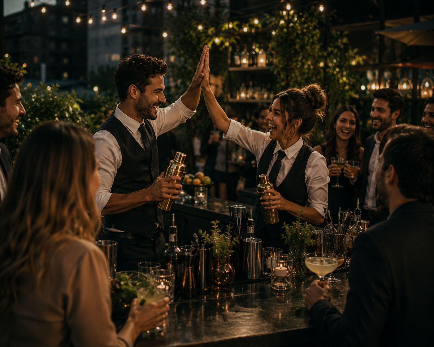 A group of people celebrating at an outdoor bar with string lights overhead. Two bartenders are giving each other a high five, while others are holding drinks and smiling.