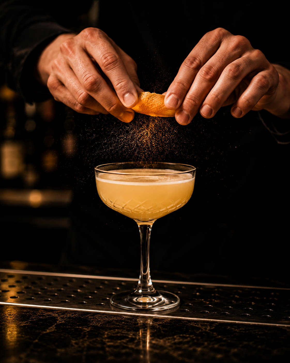 A bartender zesting an orange over a cocktail glass with a yellowish liquid, with orange zest and powder falling into the drink.