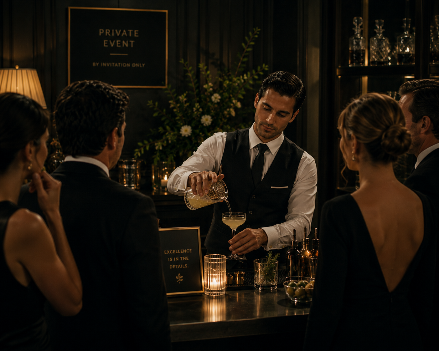 A bartender makes a cocktail for a group of five people at a private event in an elegant, dark-lit setting. The bartender is pouring a drink into a glass while the guests stand around the bar, dressed in formal attire.