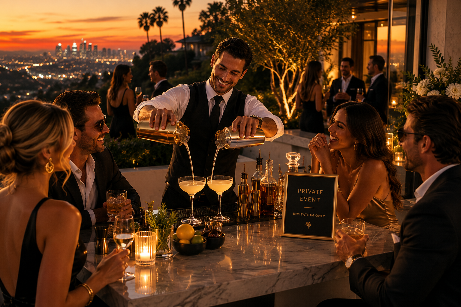 People enjoying cocktails at a private rooftop event during sunset with city skyline in the background.