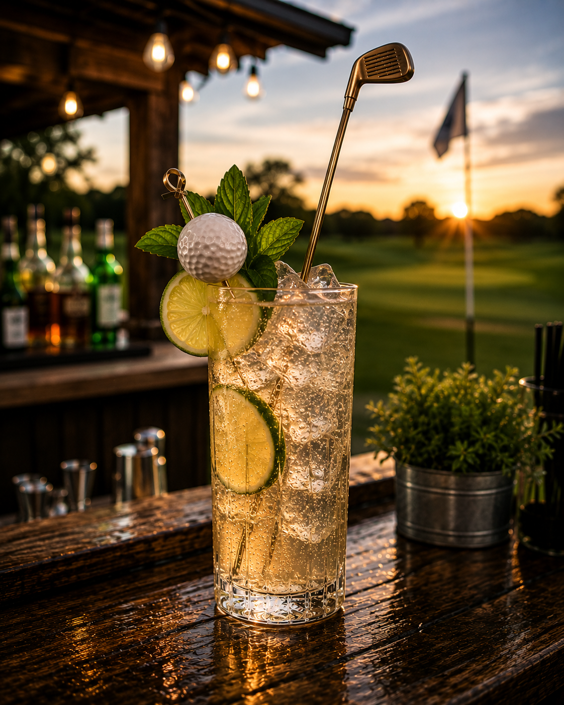 A refreshing cocktail with lemon slices, mint leaves, and a golf-themed cocktail stirrer garnished with a golf ball, placed on a wet wooden bar counter during sunset with a golf course in the background.