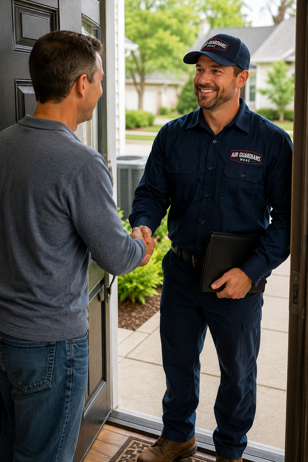 A handyman from Air Guardians HVAC service shaking hands with a customer at the front door of a house.