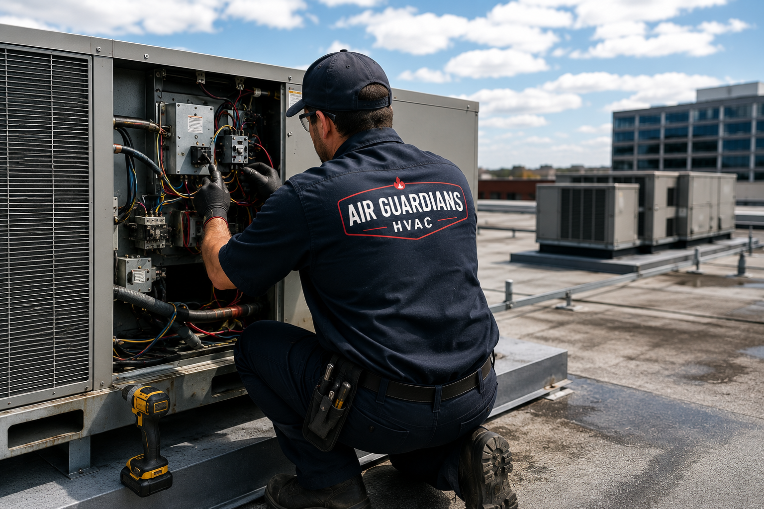 HVAC technician working on an outdoor air conditioning unit on a rooftop, wearing a uniform with 'Air Guardians HVAC' logo, with a cordless drill nearby.