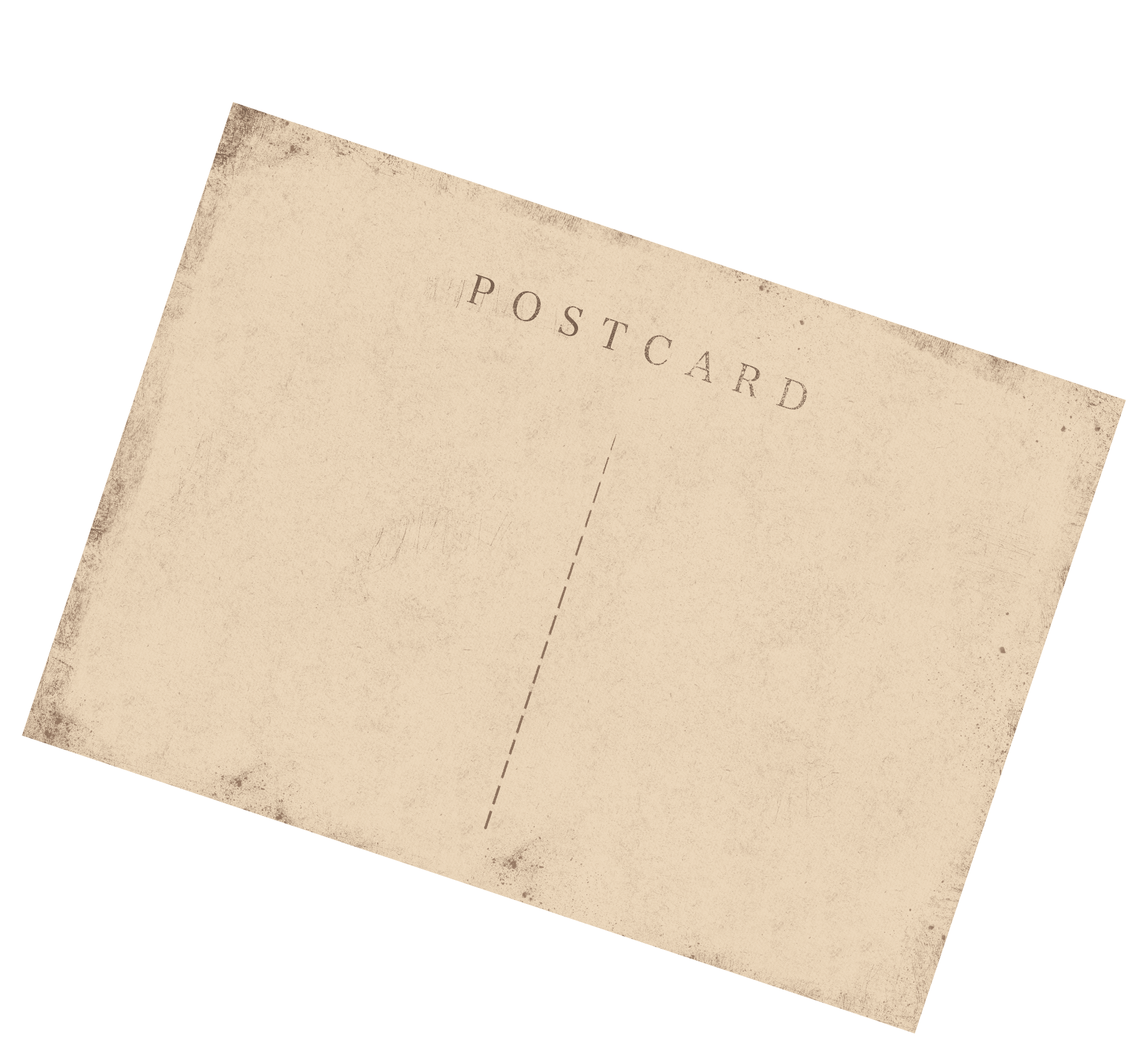 A close-up of a vintage postcard with the word 'POSTCARD' printed on it, featuring a worn and aged appearance with faded edges.