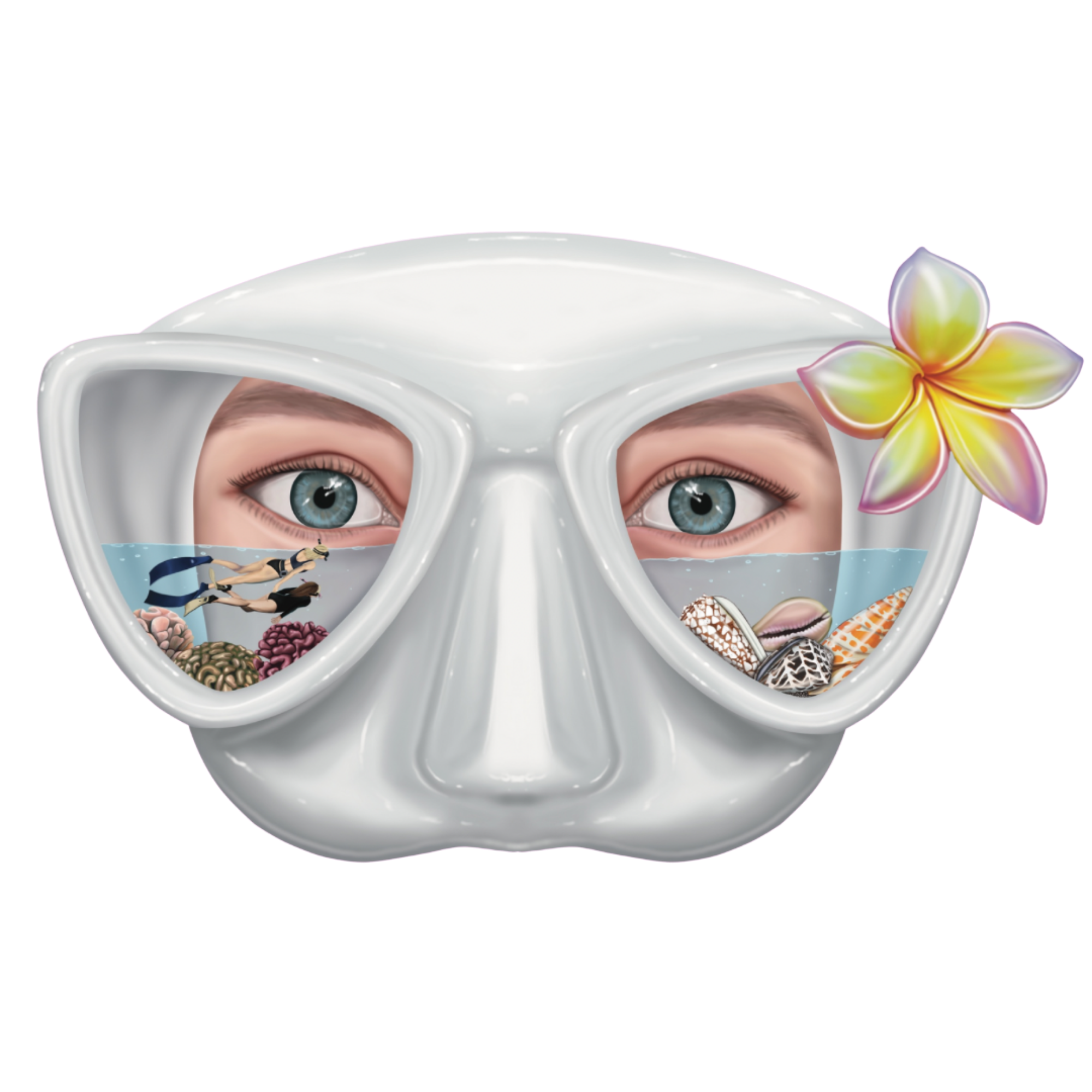 A person wearing a white swimming mask with a yellow and pink flower attached to the side, floating in water.