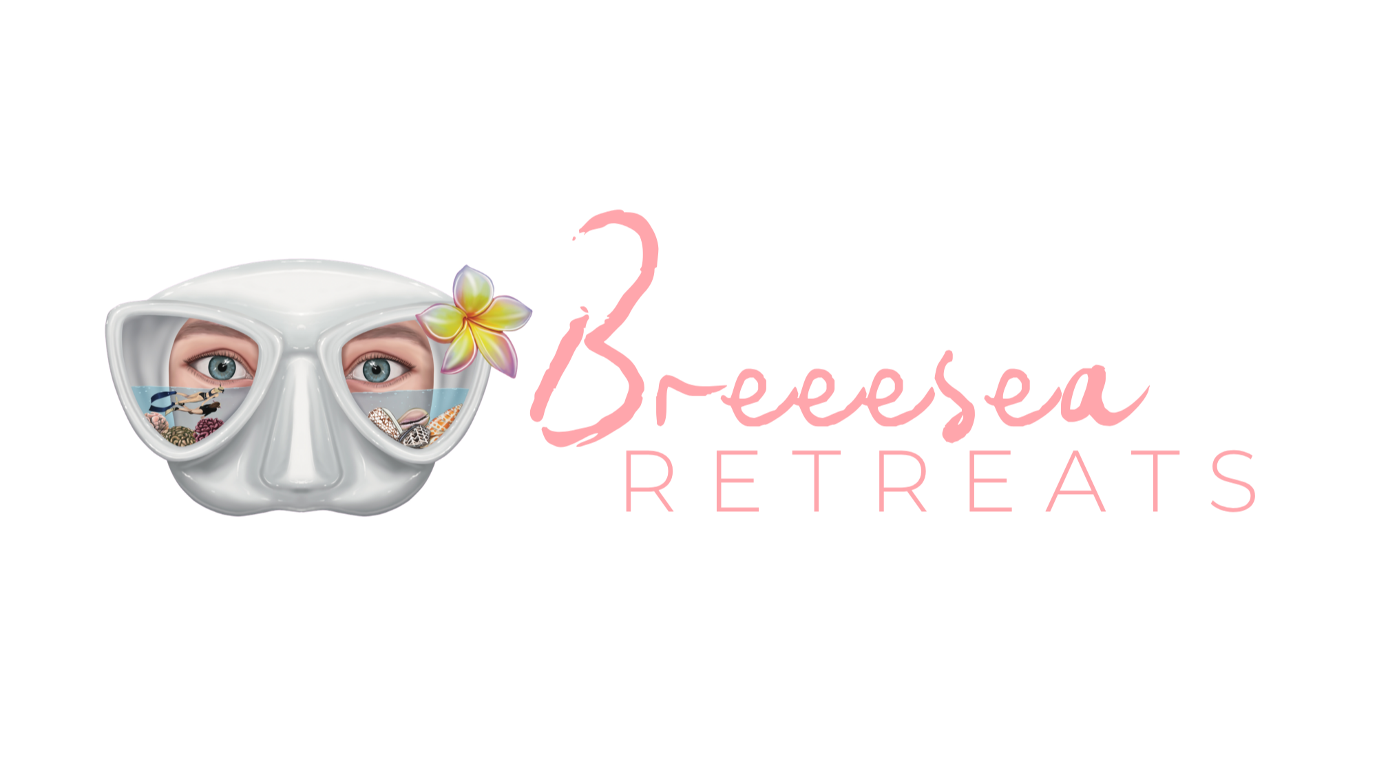 A white mask with a tropical flower on the side and a woman’s eyes visible through the eye holes. The mask contains small objects like shells, fish, and other sea-themed items inside it, symbolizing a tropical vacation or beach theme.