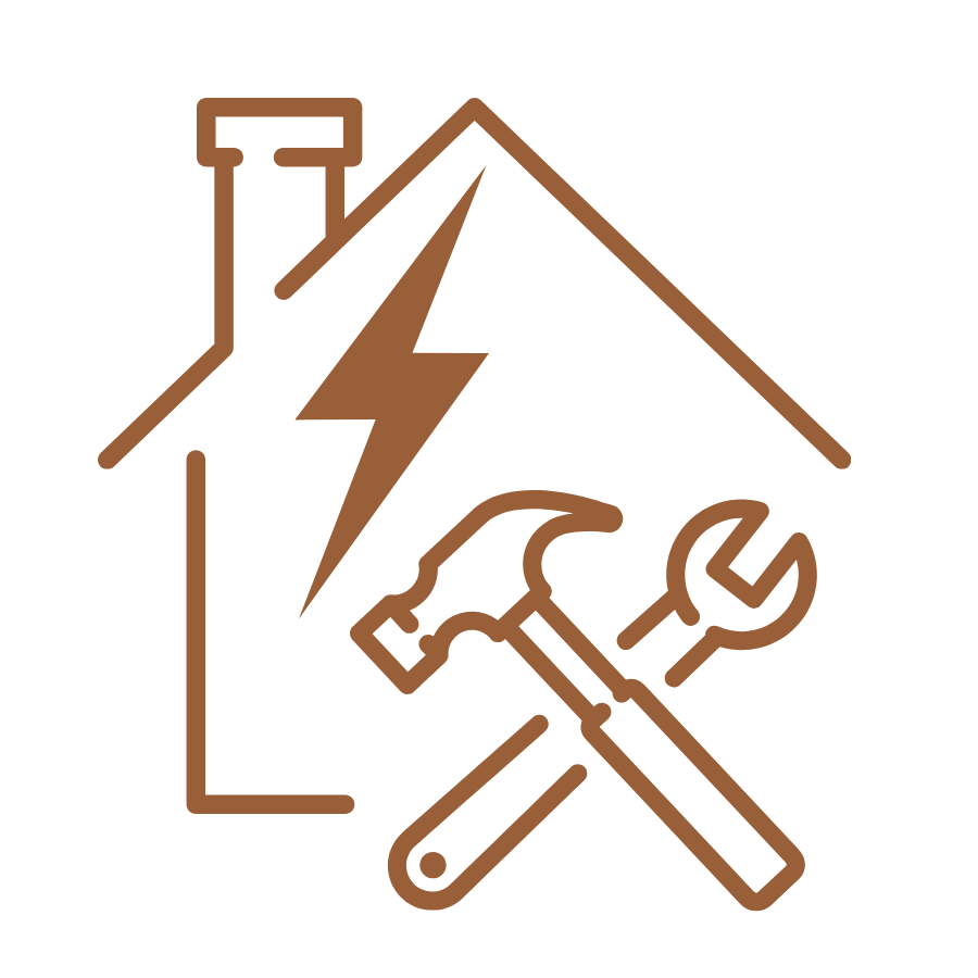 Icon of a house with a lightning bolt, hammer, and wrench overlay, representing home repair or maintenance.