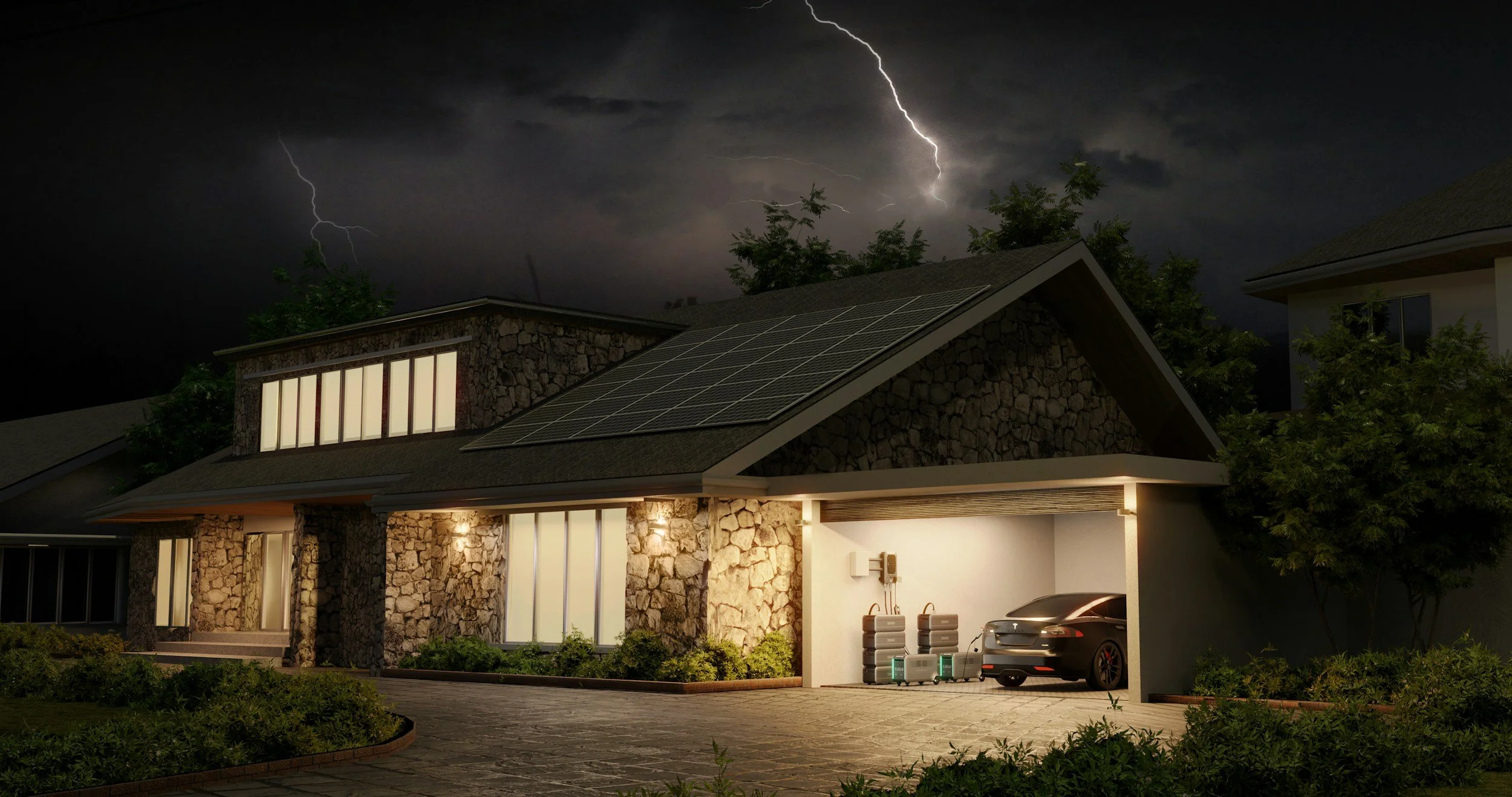 A modern house with solar panels on the roof during a thunderstorm at night, with lightning in the dark sky.