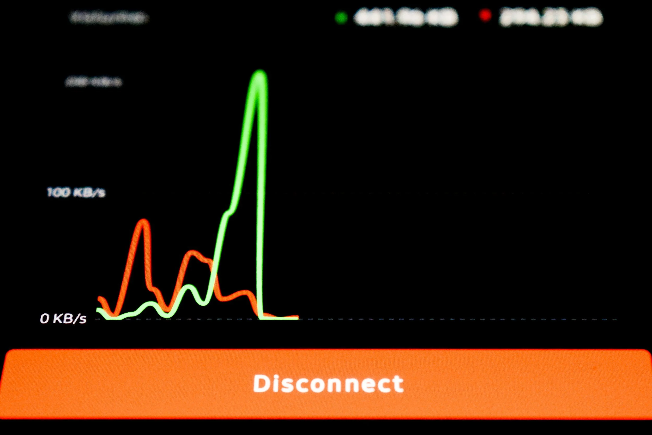 A computer screen showing network activity graph with red and green lines, and a large orange button labeled 'Disconnect'.