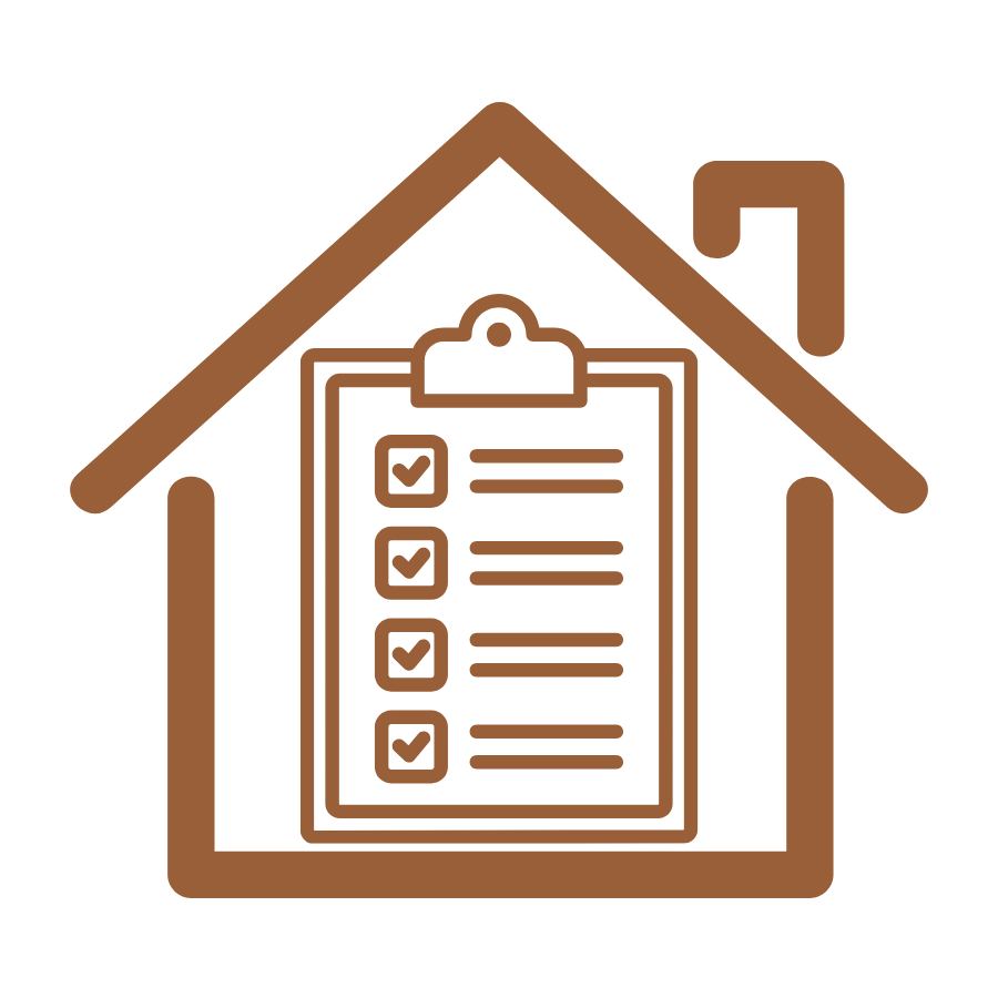 Outline of a house with a clipboard inside, featuring checkmarks on a list, representing home inspection or home checklist.