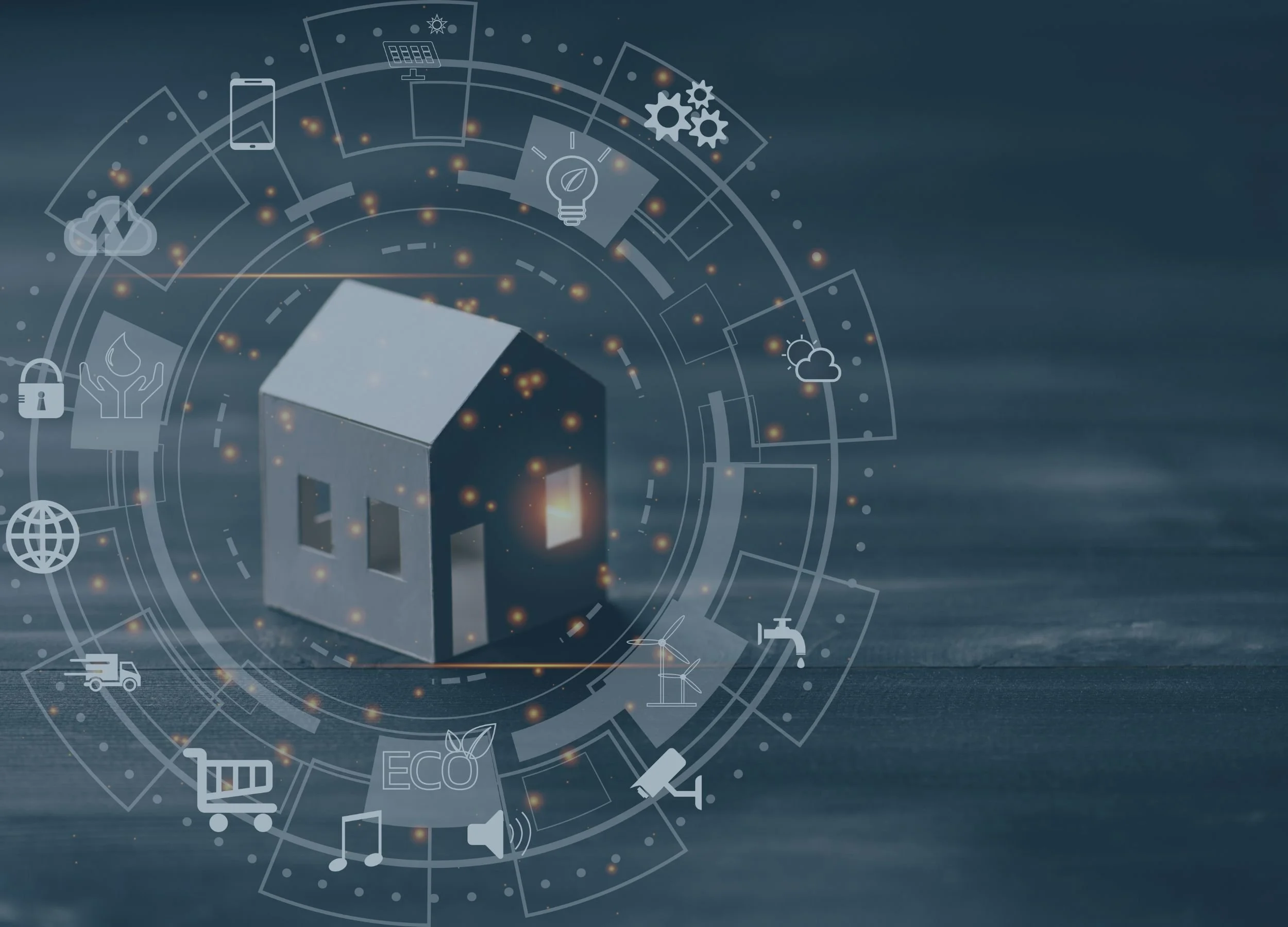 A digital illustration of a small house surrounded by icons representing technology, sustainability, and ecology, with interconnected circles and glowing points on a dark background.