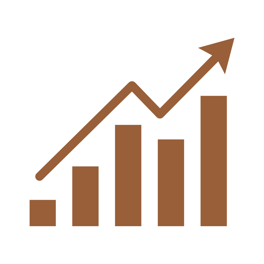 Brown bar graph with four bars increasing in height from left to right, topped with an upward-pointing arrow.