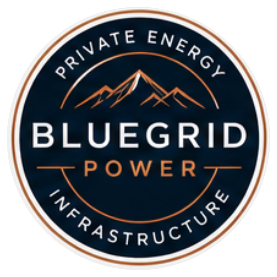 Logo for Bluegrid Power, a private energy infrastructure company, featuring a mountain illustration and text indicating a focus on infrastructure power.