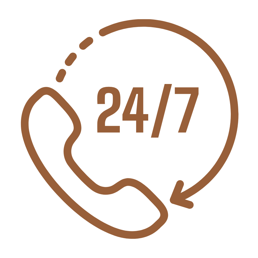 Brown icon of a telephone handset with a circular arrow and the text 24/7 indicating round-the-clock phone support.