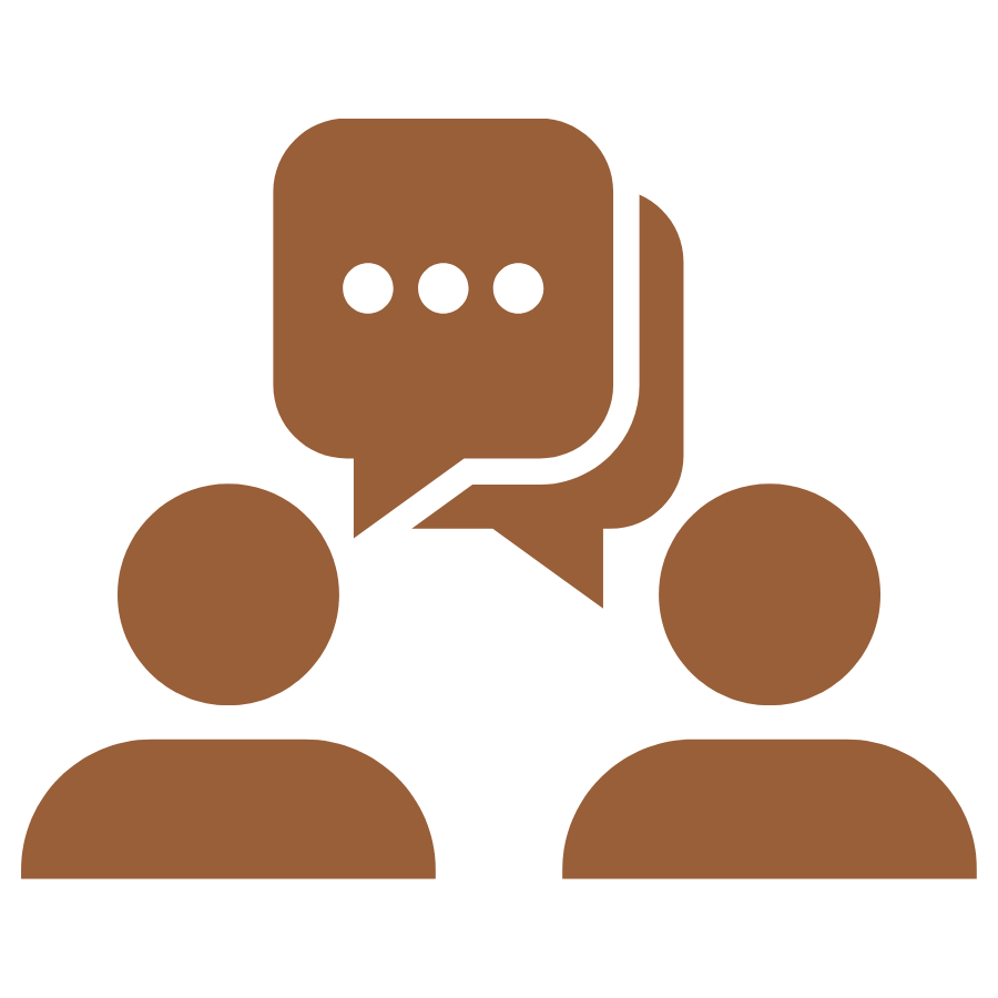 Two simplified human figures facing each other with speech bubbles above their heads indicating conversation.