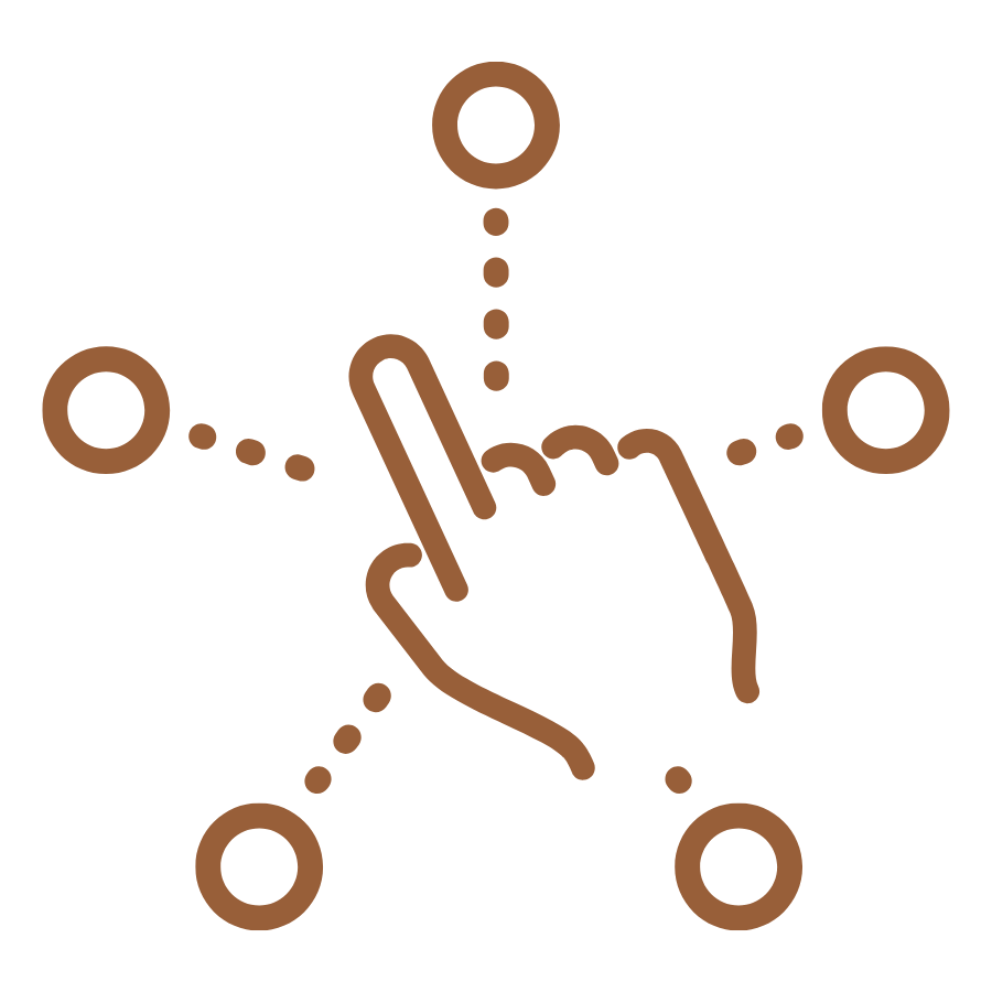 Illustration of a hand tapping a point on a dotted star-shaped network indicating connection or selection.