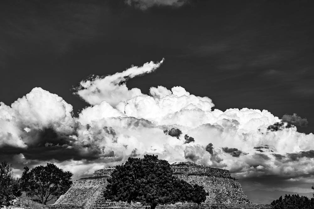 Monte Albán, pyramid, tree, sky & cloud