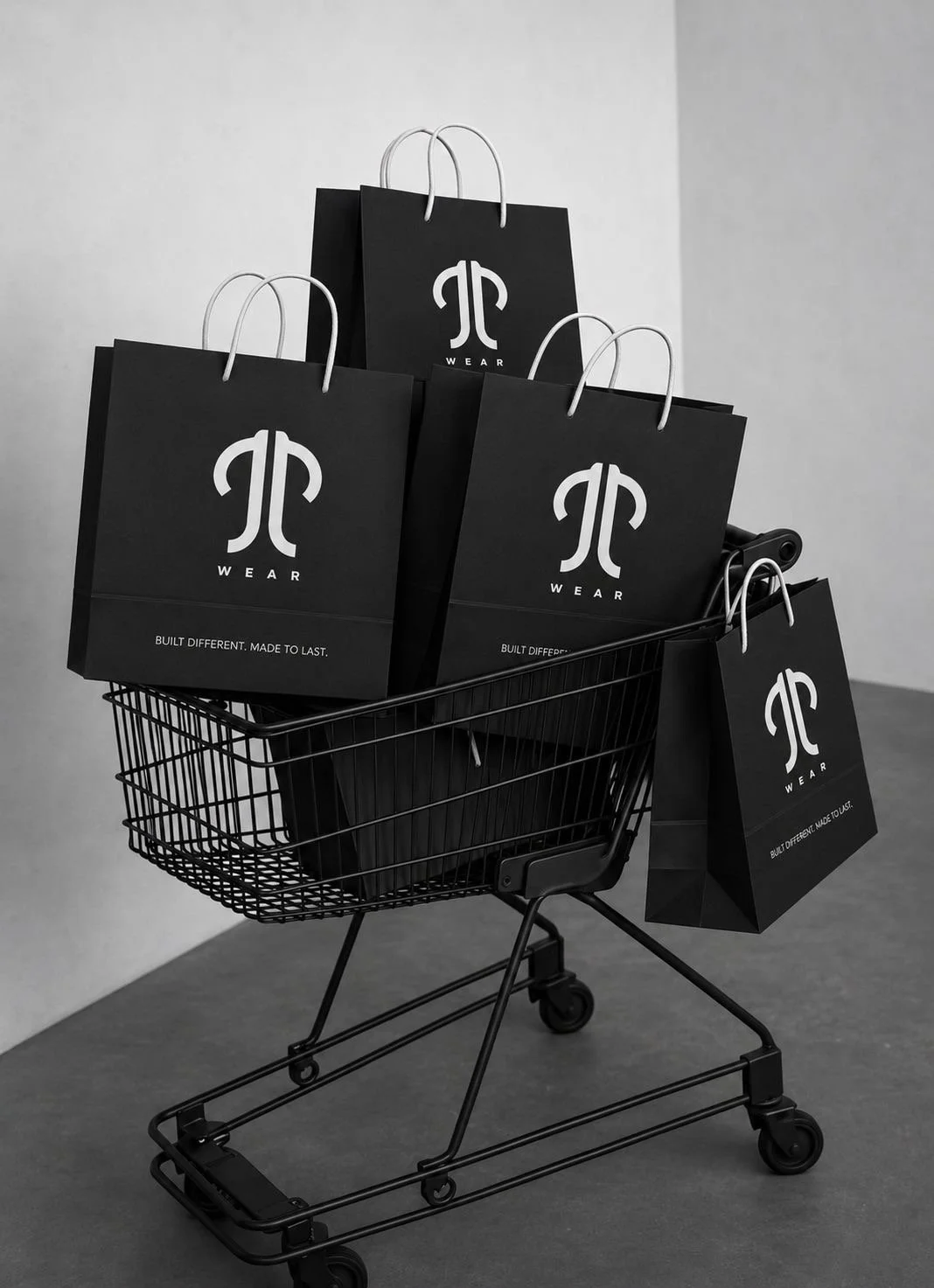 A shopping cart filled with black shopping bags featuring the logo and branding for a clothing store, set against a plain background.