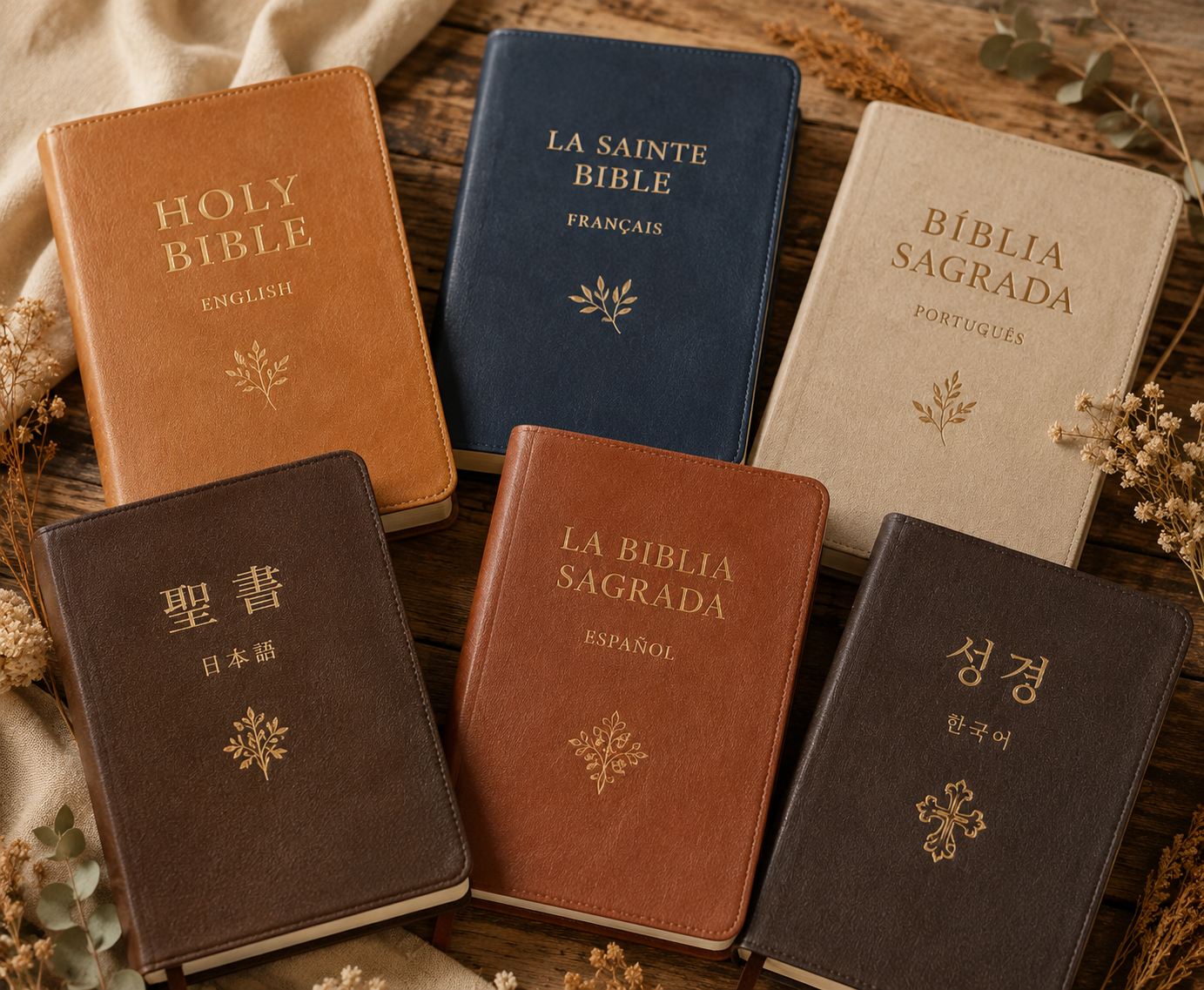 Six Bibles in different languages and colors arranged on a wooden surface with dried flowers and fabric around them.