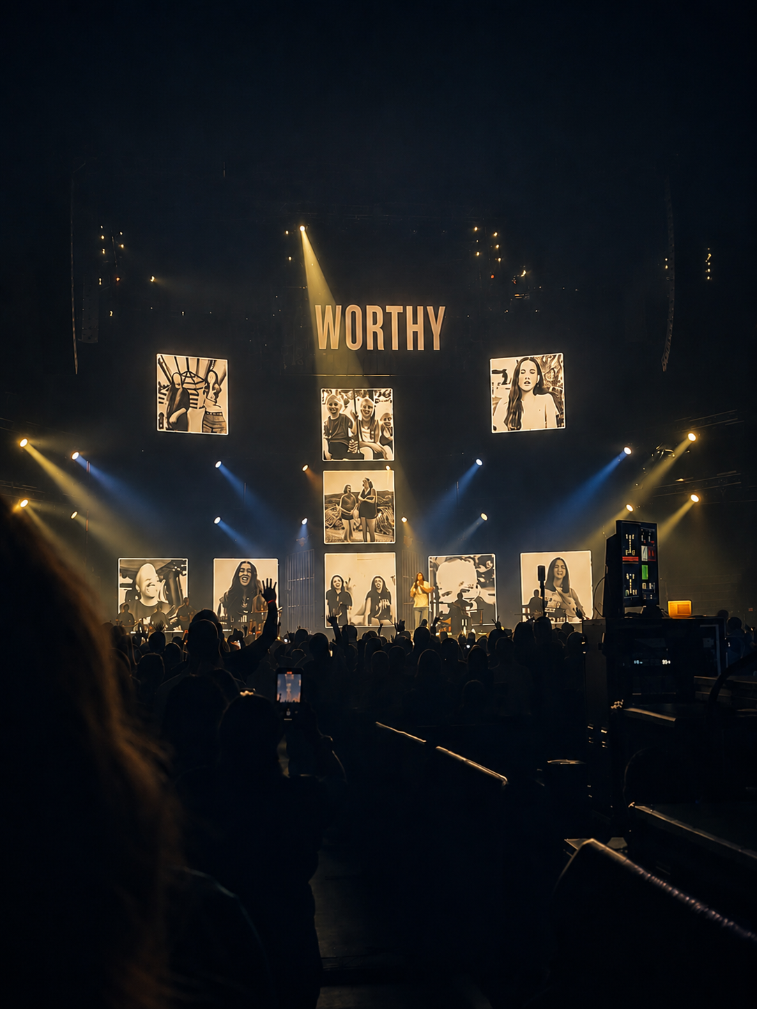 A concert stage with multiple screens displaying black-and-white photos of young women and children, with the word "WORTHY" in large letters above the stage. Audience members are visible, some raising hands and capturing photos.