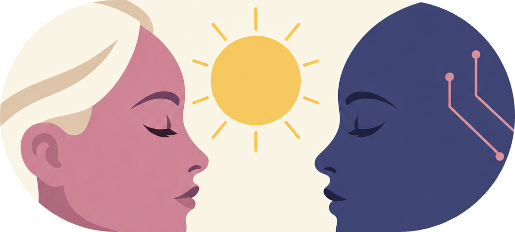 Illustration of two women facing each other with a bright sun between them